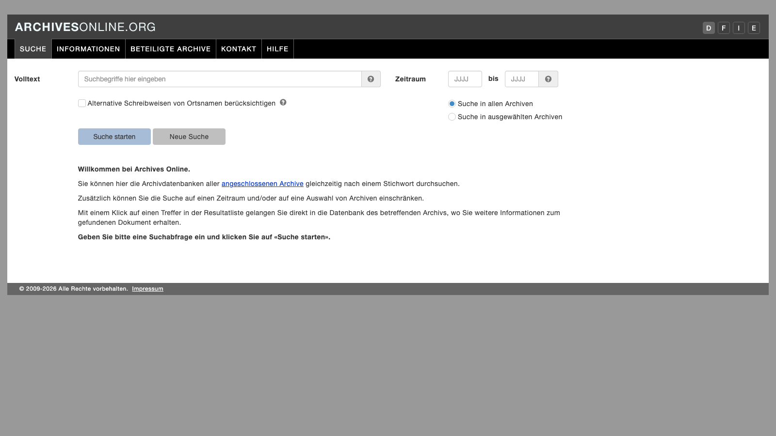 Screenshot of Archives Online