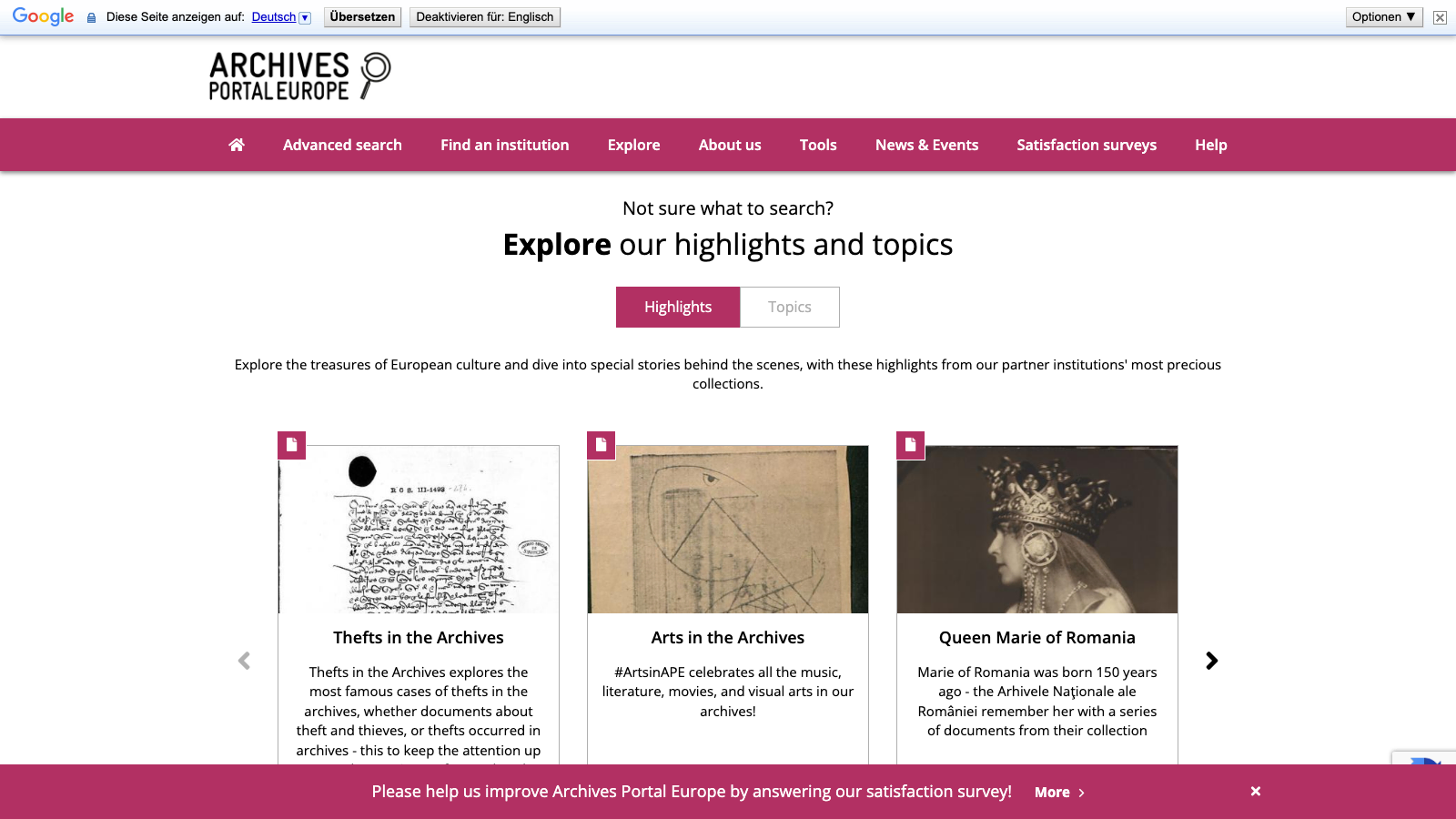 Screenshot of Archives Portal Europe