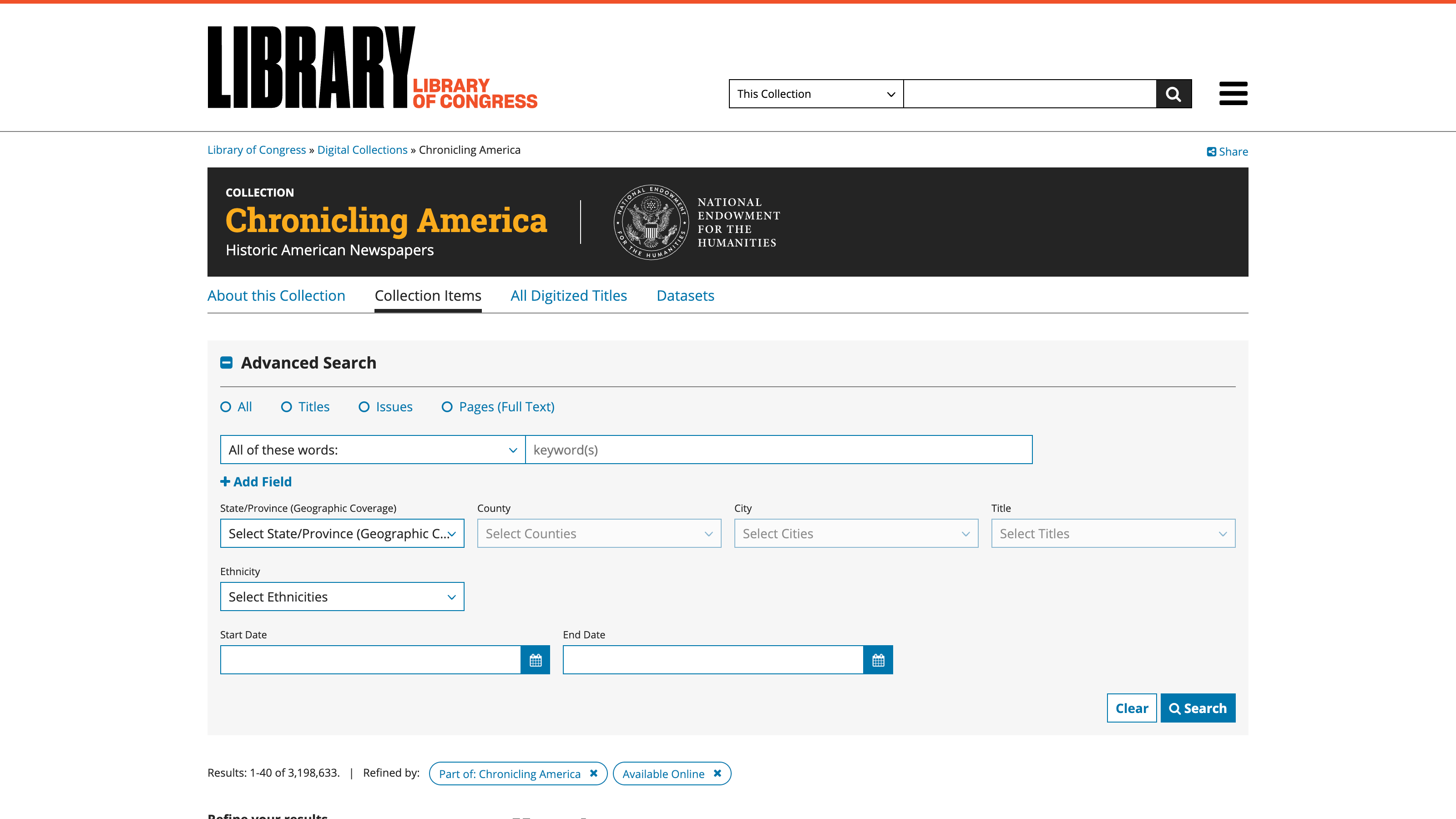 Screenshot of Chronicling America