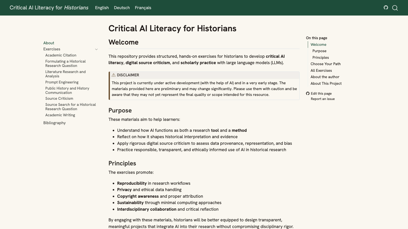 Screenshot of Critical AI Literacy for Historians