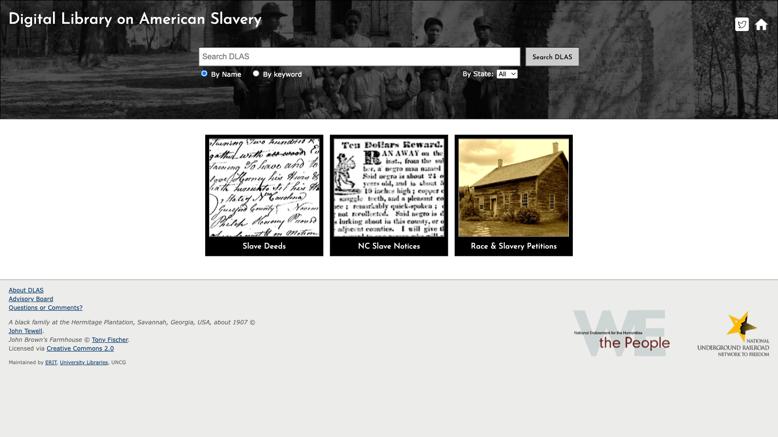 Screenshot of Digital Library on American Slavery Homepage