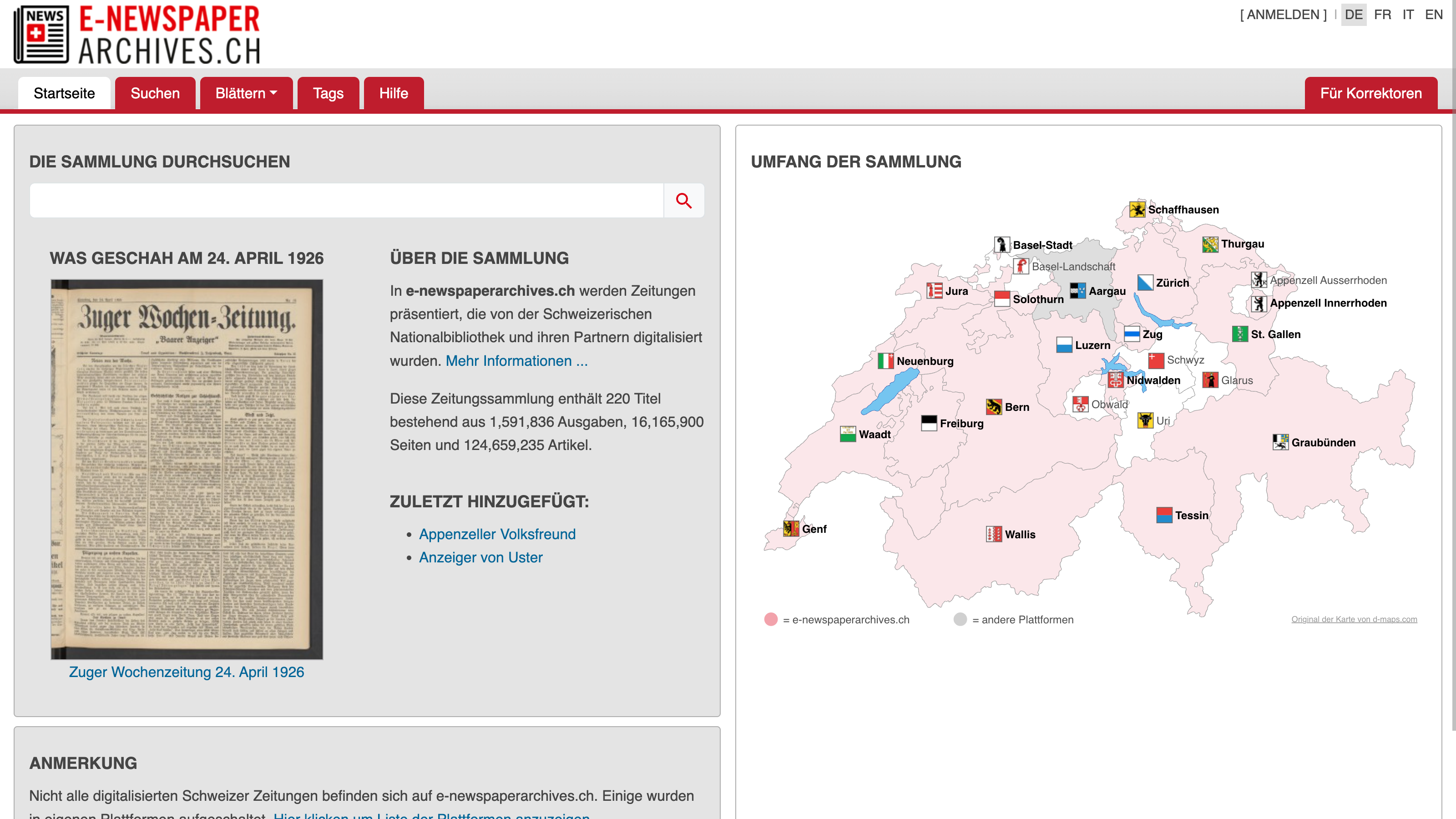 Screenshot of e-newspaperarchives.ch