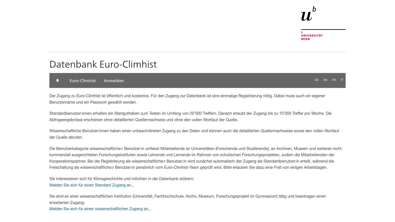 Screenshot of Euro-Climhist