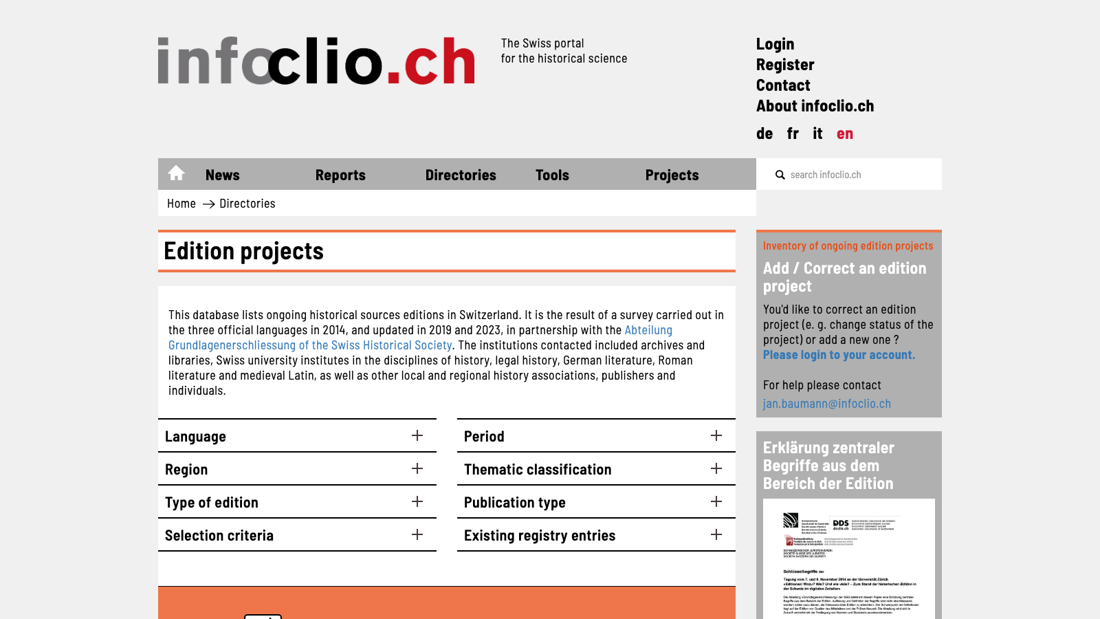 Screenshot of infoclio.ch Edition projects