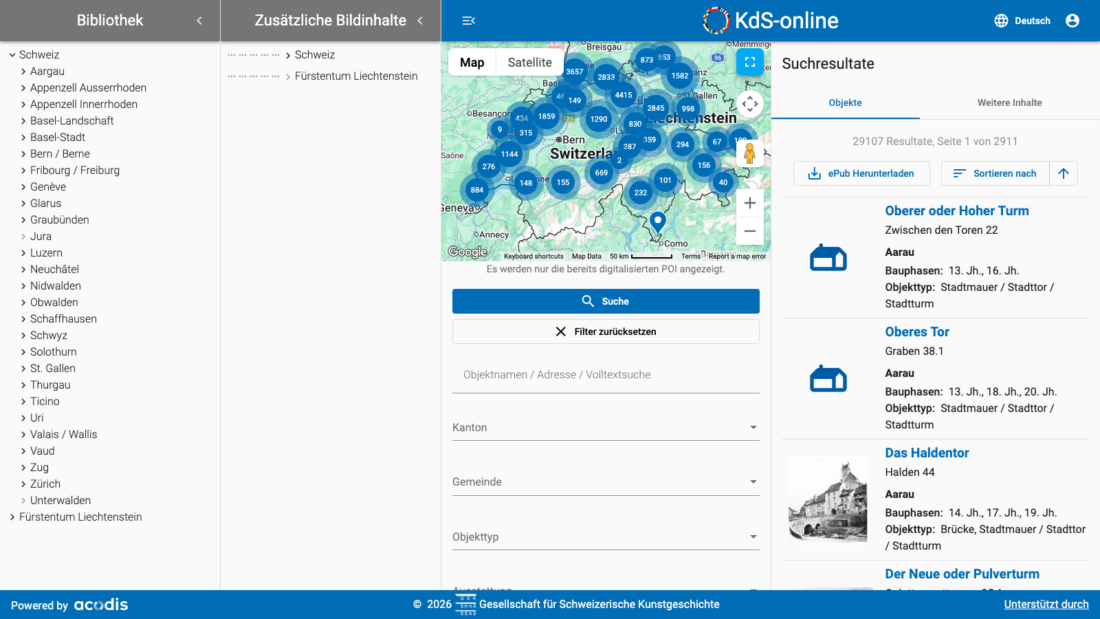 Screenshot of Kulturgüter der Schweiz online