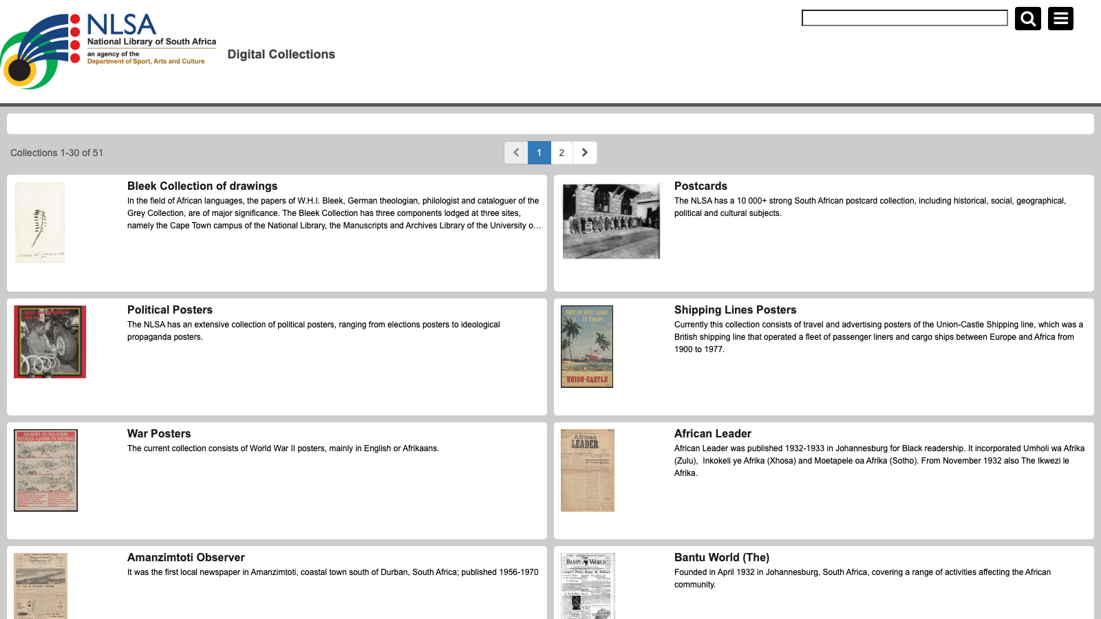 Screenshot of National Library of South Africa Digital Collections