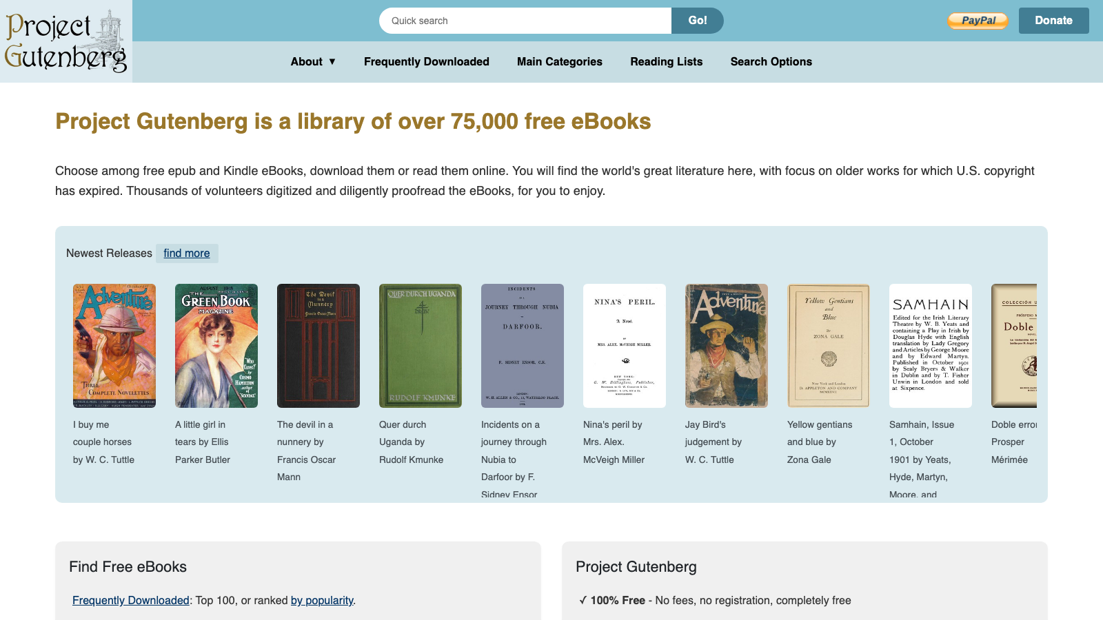 Screenshot of Project Gutenberg