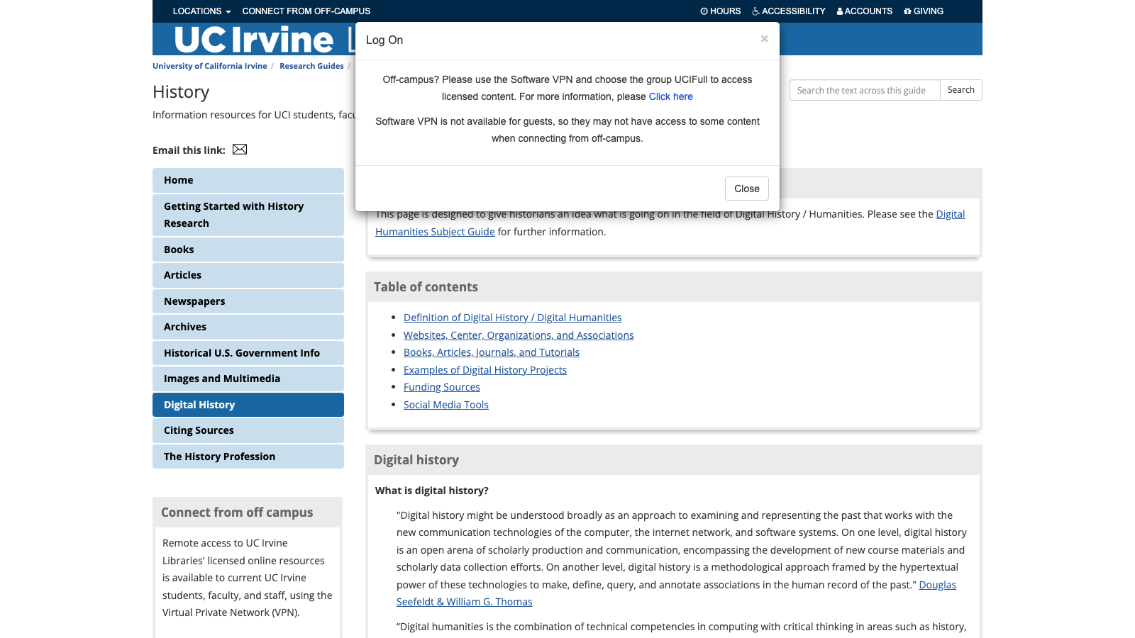 Screenshot of UCI Digital History