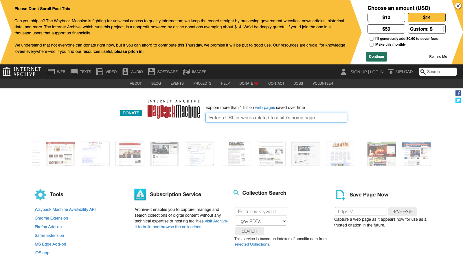 Screenshot of WayBackMachine