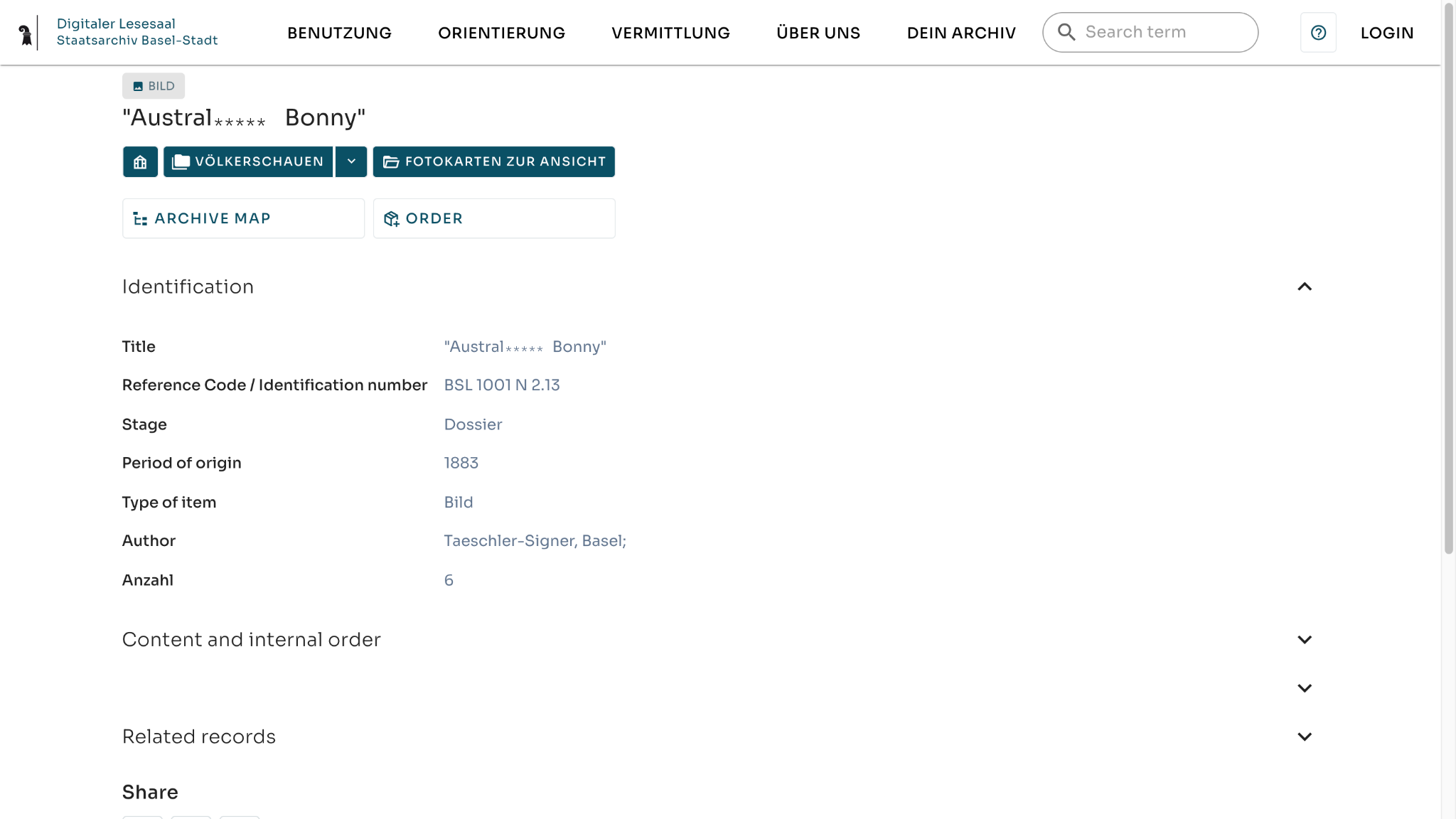 Screenshot des Digitalen Lesesaals des Staatsarchivs Basel-Stadt: Dossier BSL 1001 N 2.13 aus dem Bestand Völkerschauen. Der Titel enthält eine koloniale, rassistische Fremdbezeichnung; ein Teil des Wortes ist abgedeckt.