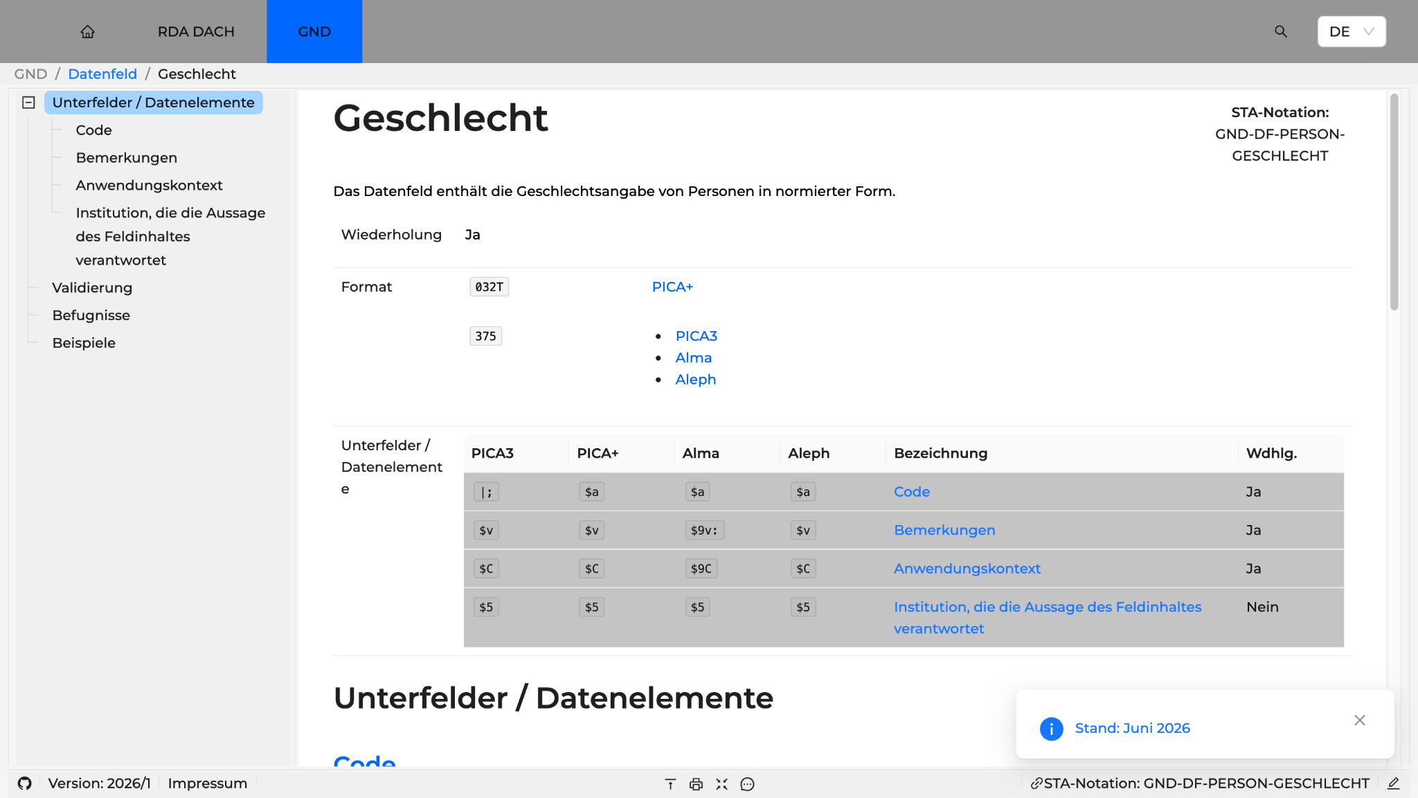 Screenshot der Standardisierungsdokumentation der Deutschen Nationalbibliothek: GND-Datenfeld «Geschlecht», das die Geschlechtsangabe von Personen in normierter Form enthält.