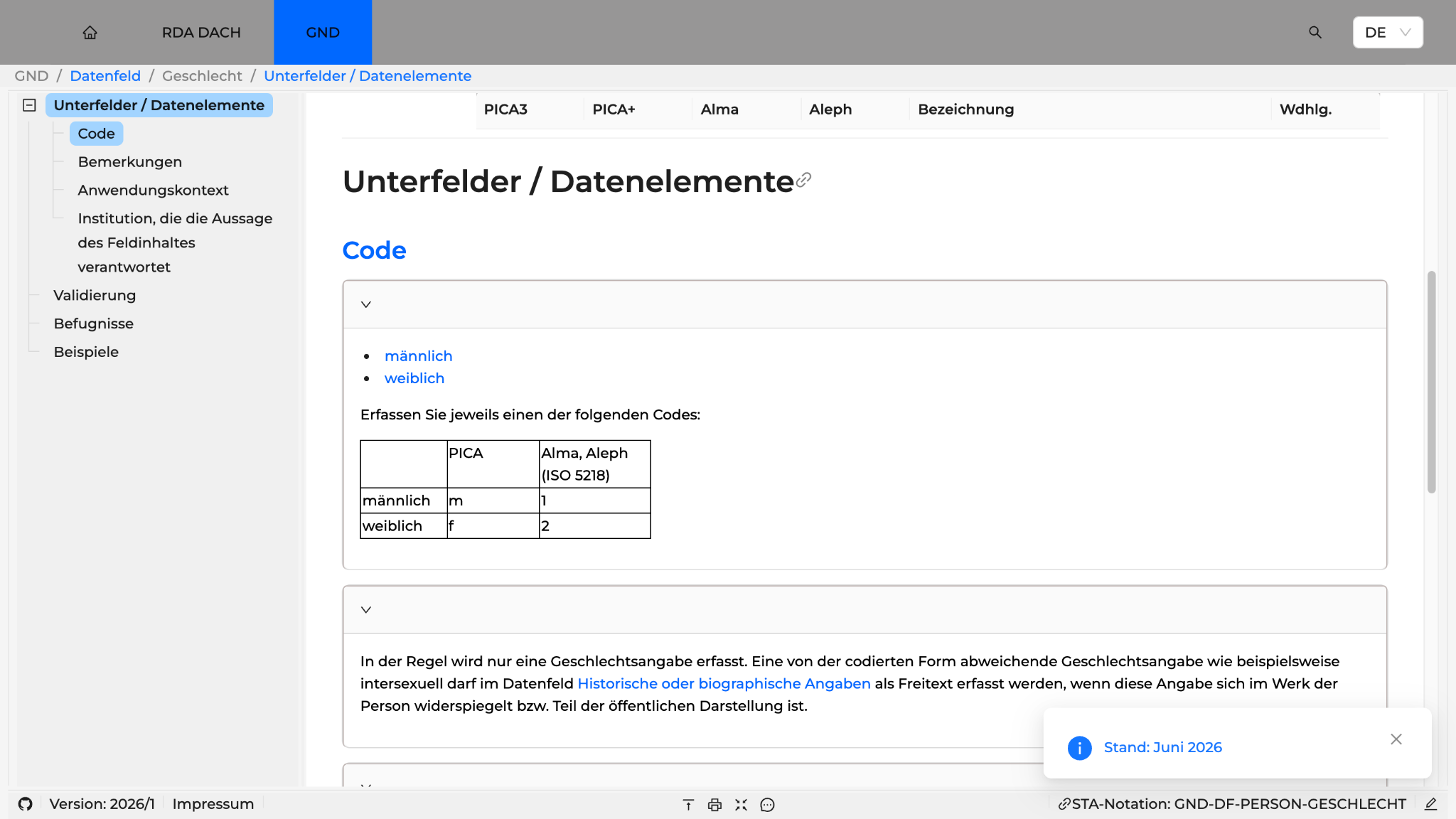 Screenshot der GND-Dokumentation, Unterfeld Code: nur «männlich» und «weiblich» sind als Codes vorgesehen. Eine abweichende Angabe wie intersexuell darf nur als Freitext in einem anderen Datenfeld erfasst werden.