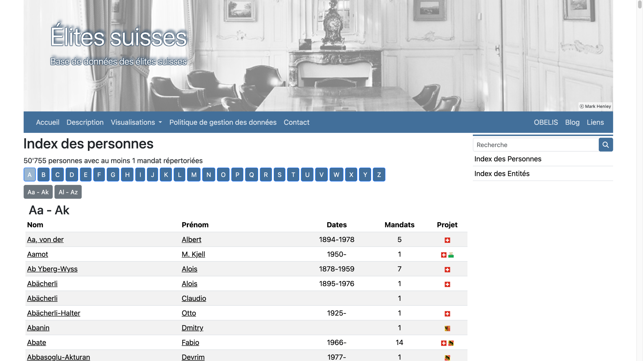Screenshot der Datenbank Élites suisses: Index des personnes, alphabetisch nach Nachname sortiert, mit Spalten Nom, Prénom, Dates, Mandats und Projet.