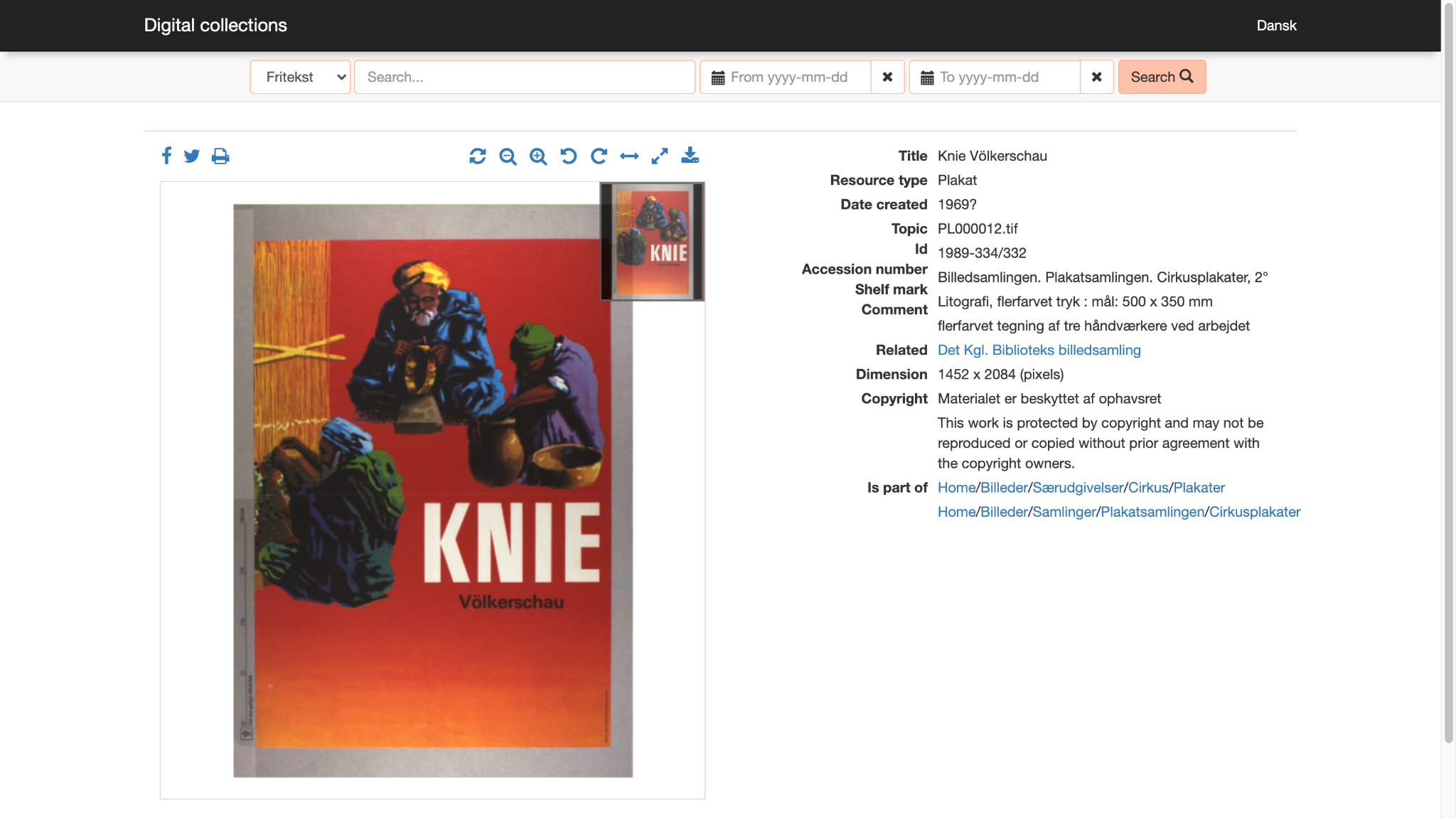Screenshot der Digital Collections der Königlichen Bibliothek Kopenhagen: Plakat «Knie Völkerschau», Lithografie, mit den Metadaten des Datensatzes rechts daneben.