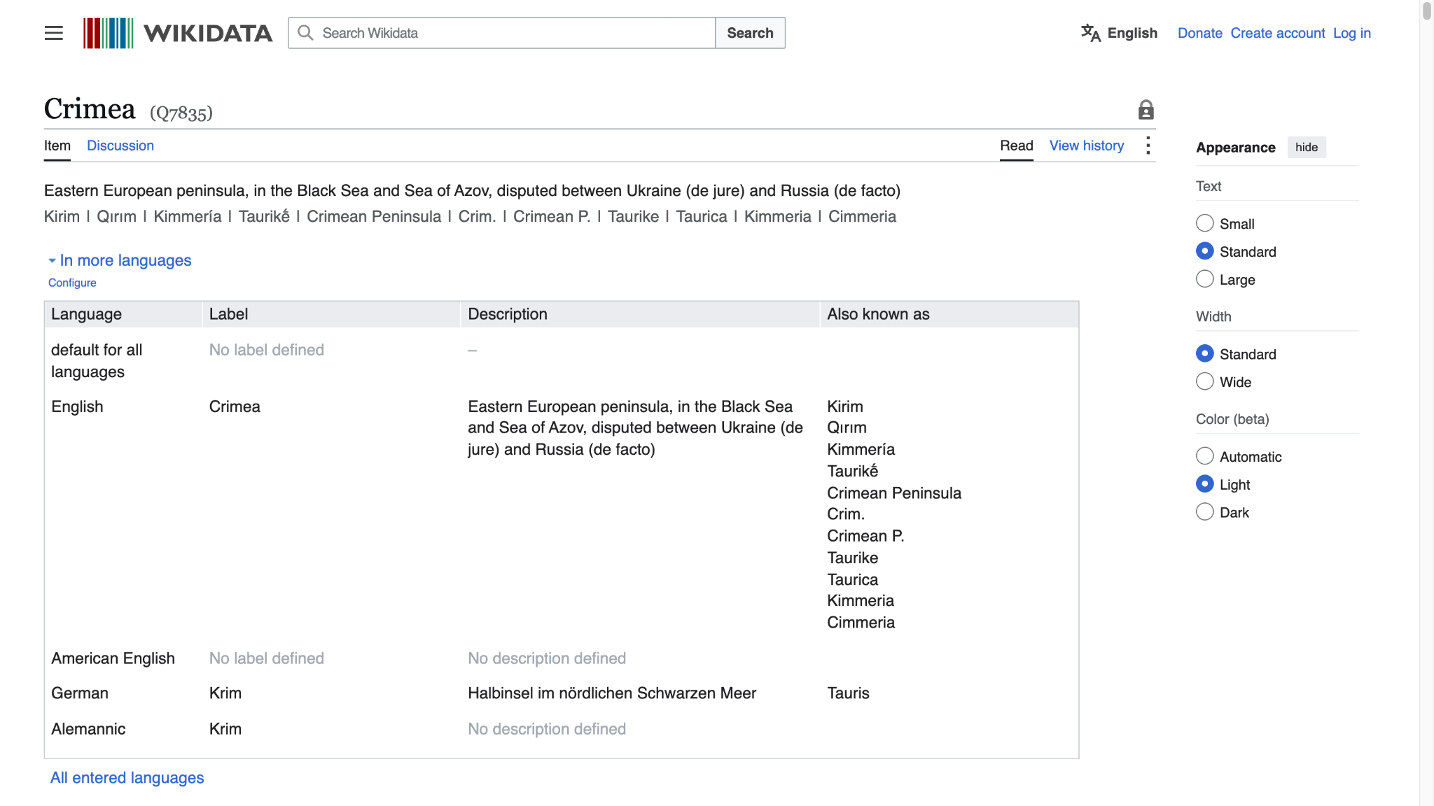 Screenshot von Wikidata, Objekt Crimea (Q7835): Beschreibung «disputed between Ukraine (de jure) and Russia (de facto)» und Bezeichnungen in mehreren Sprachen.
