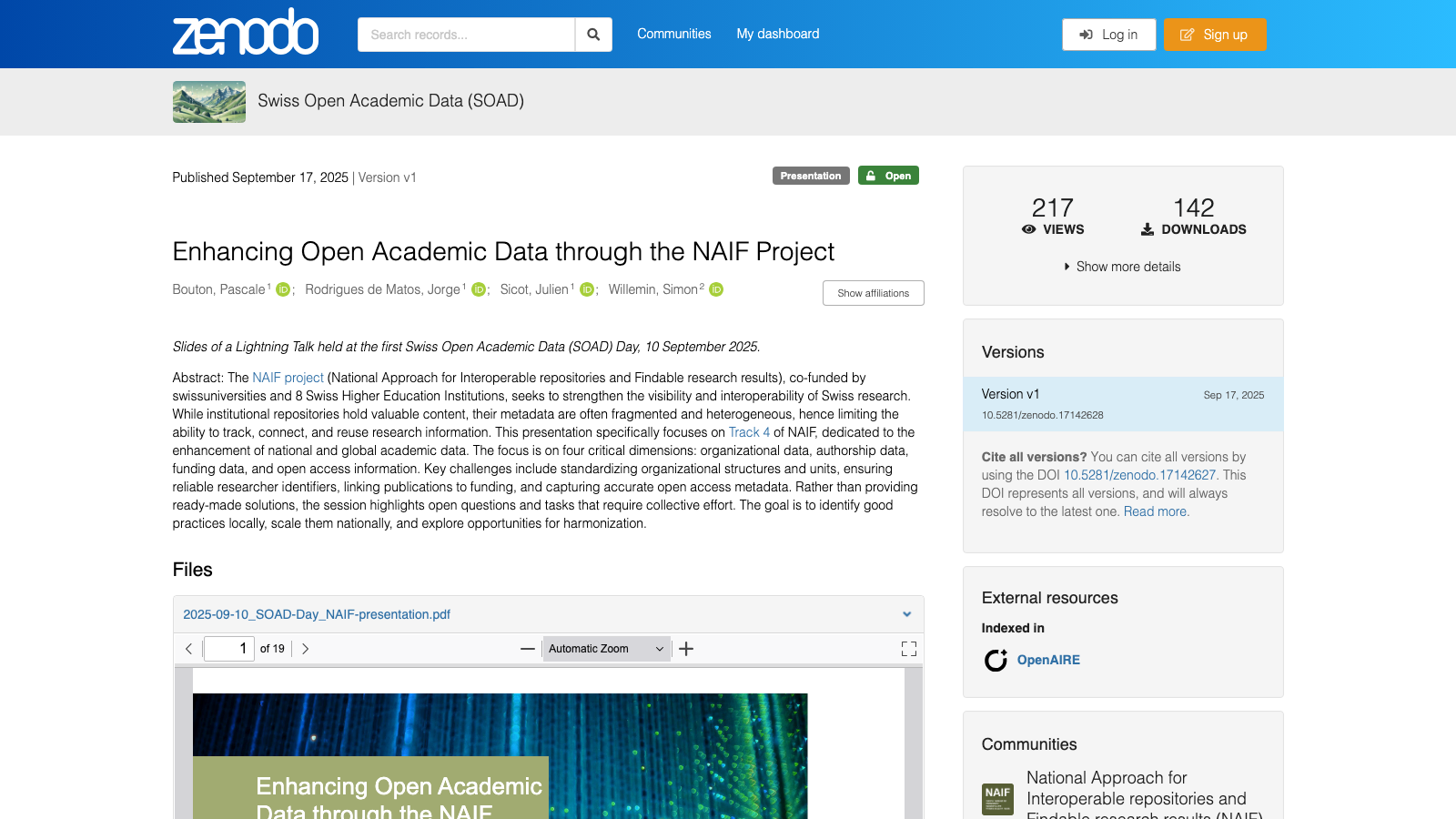 Zenodo record for the NAIF Track 4 SOAD presentation