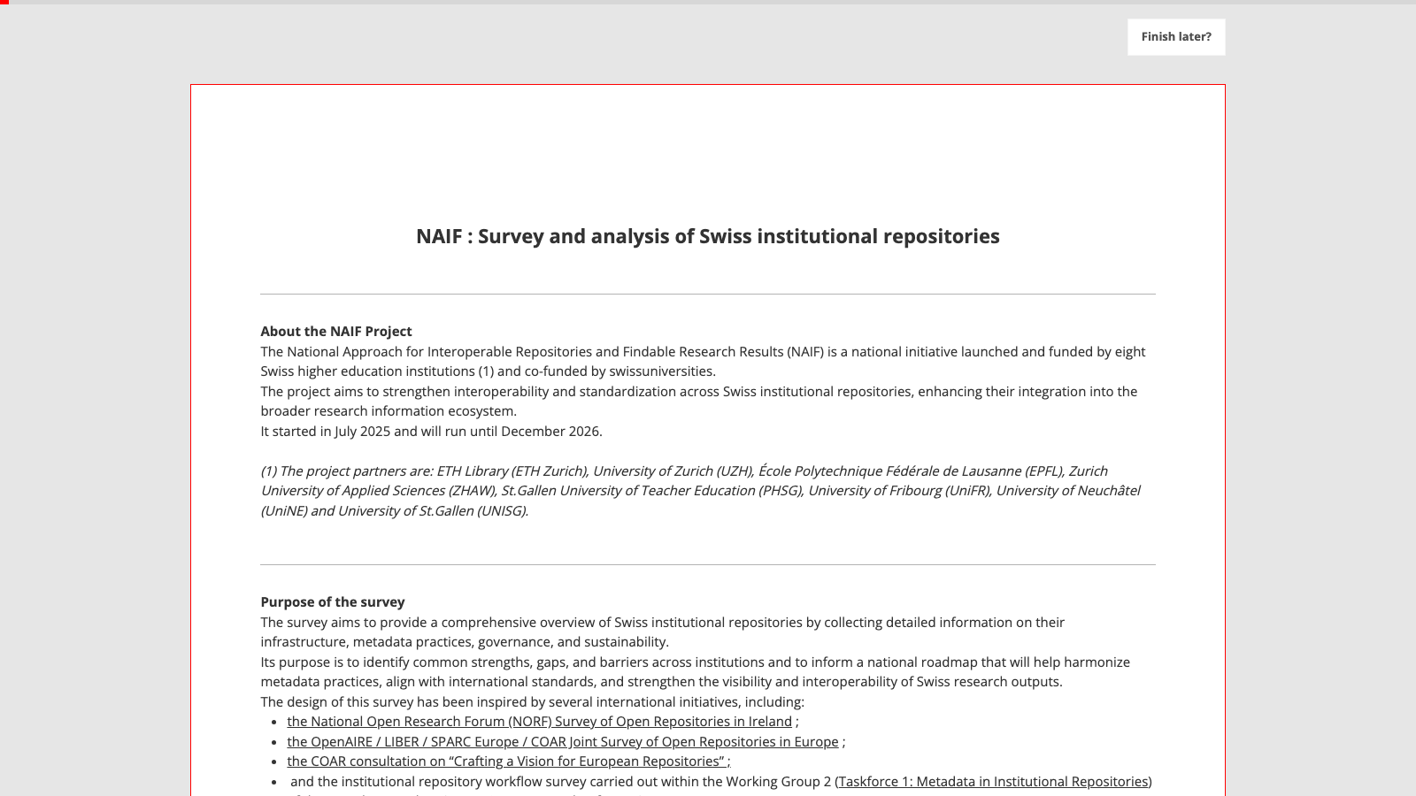 Survey page for the NAIF repositories survey