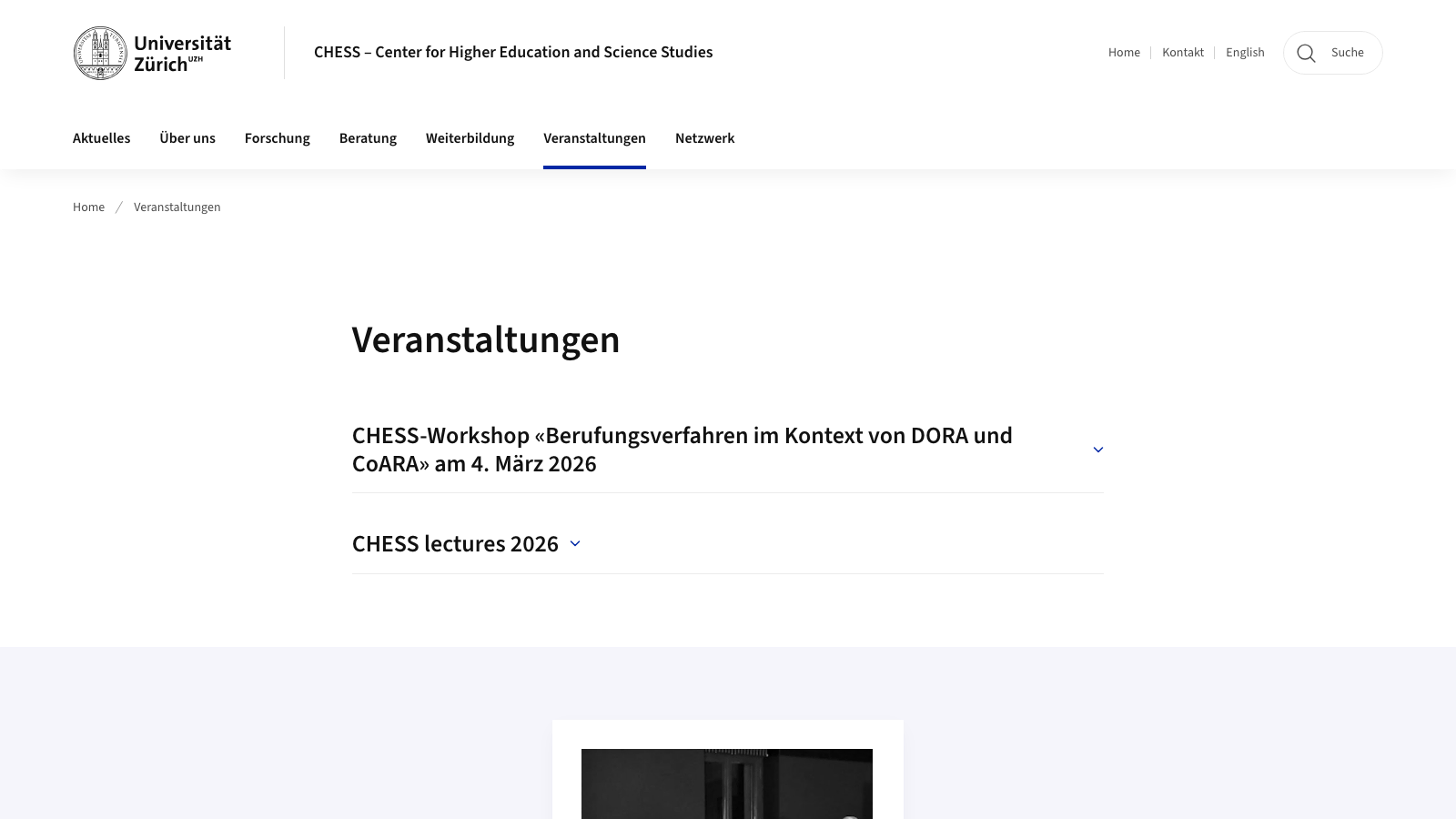 CHESS events page with workshop information