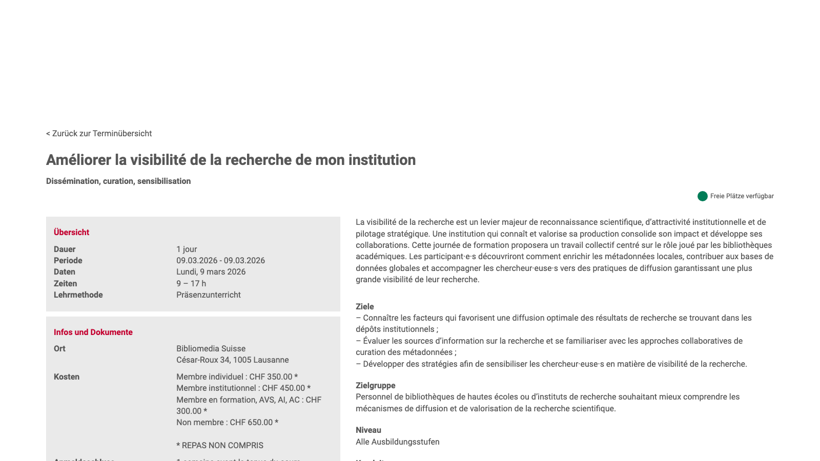 Bibliosuisse event page for the training on improving institutional research visibility