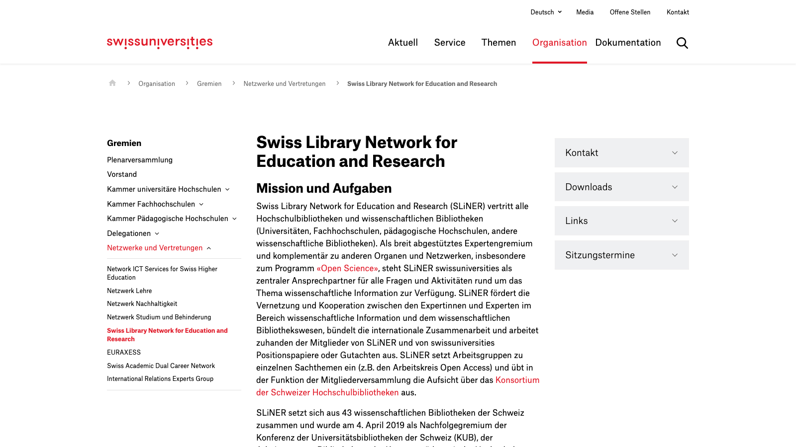 Swissuniversities page for the Swiss Library Network for Education and Research (SLiNER)