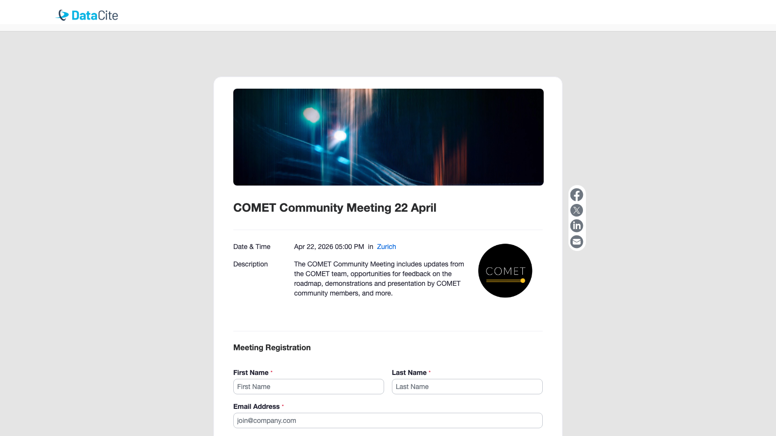 Registration page banner for the COMET Community Meeting on 22 April 2026