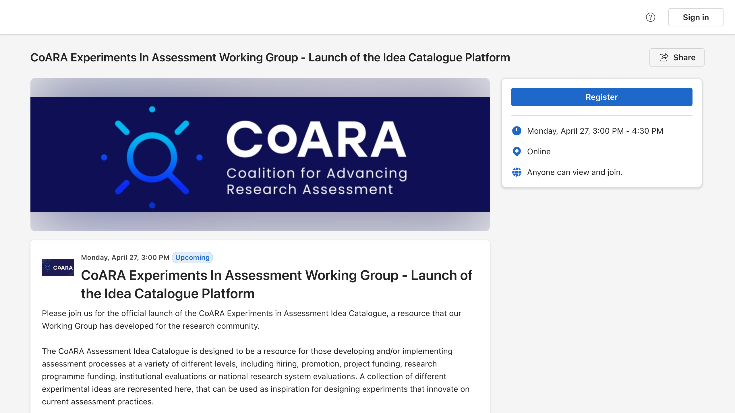 Microsoft Teams event page for the CoARA Experiments in Assessment webinar