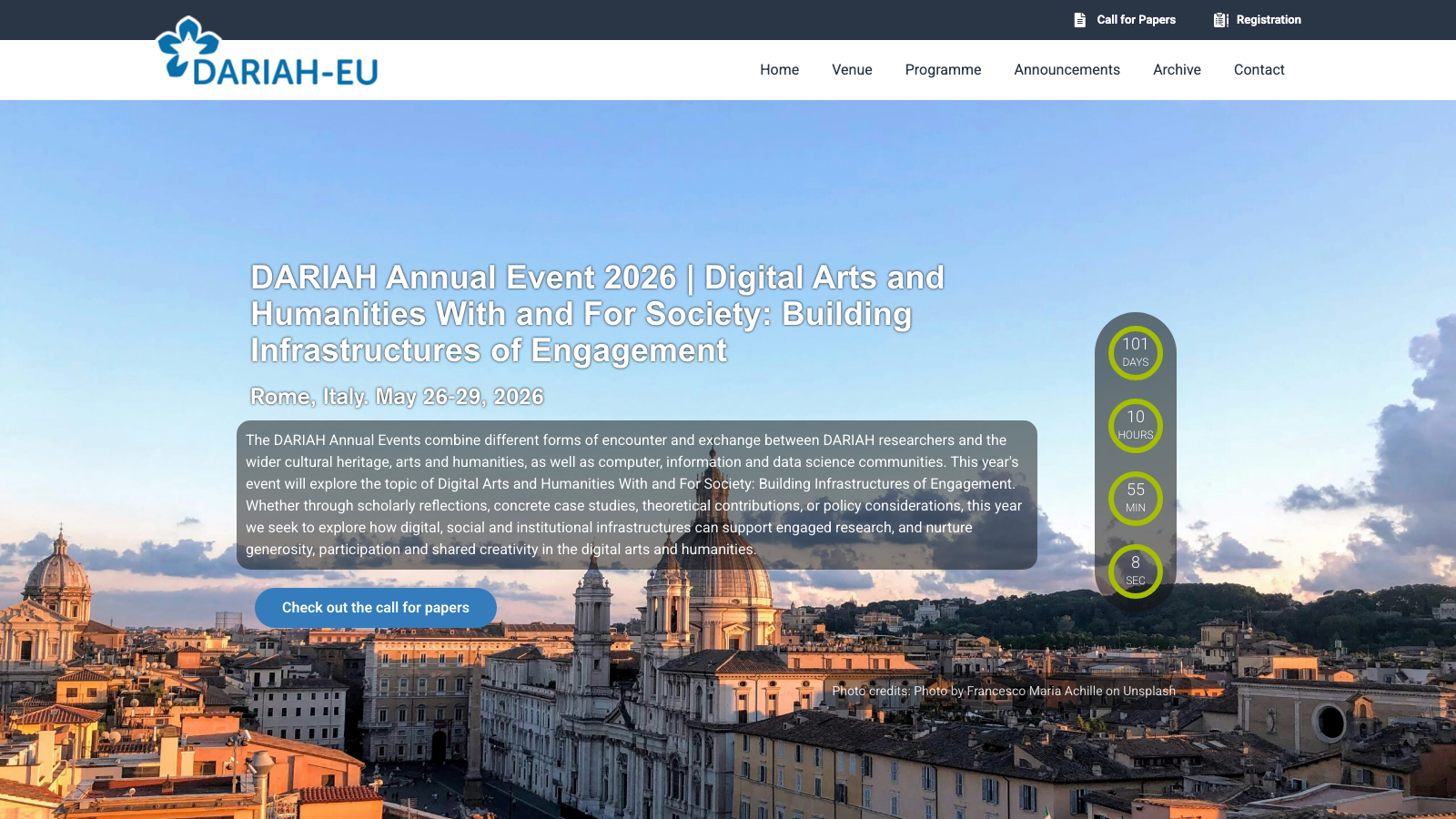 Homepage visual for the DARIAH Annual Event 2026 in Rome