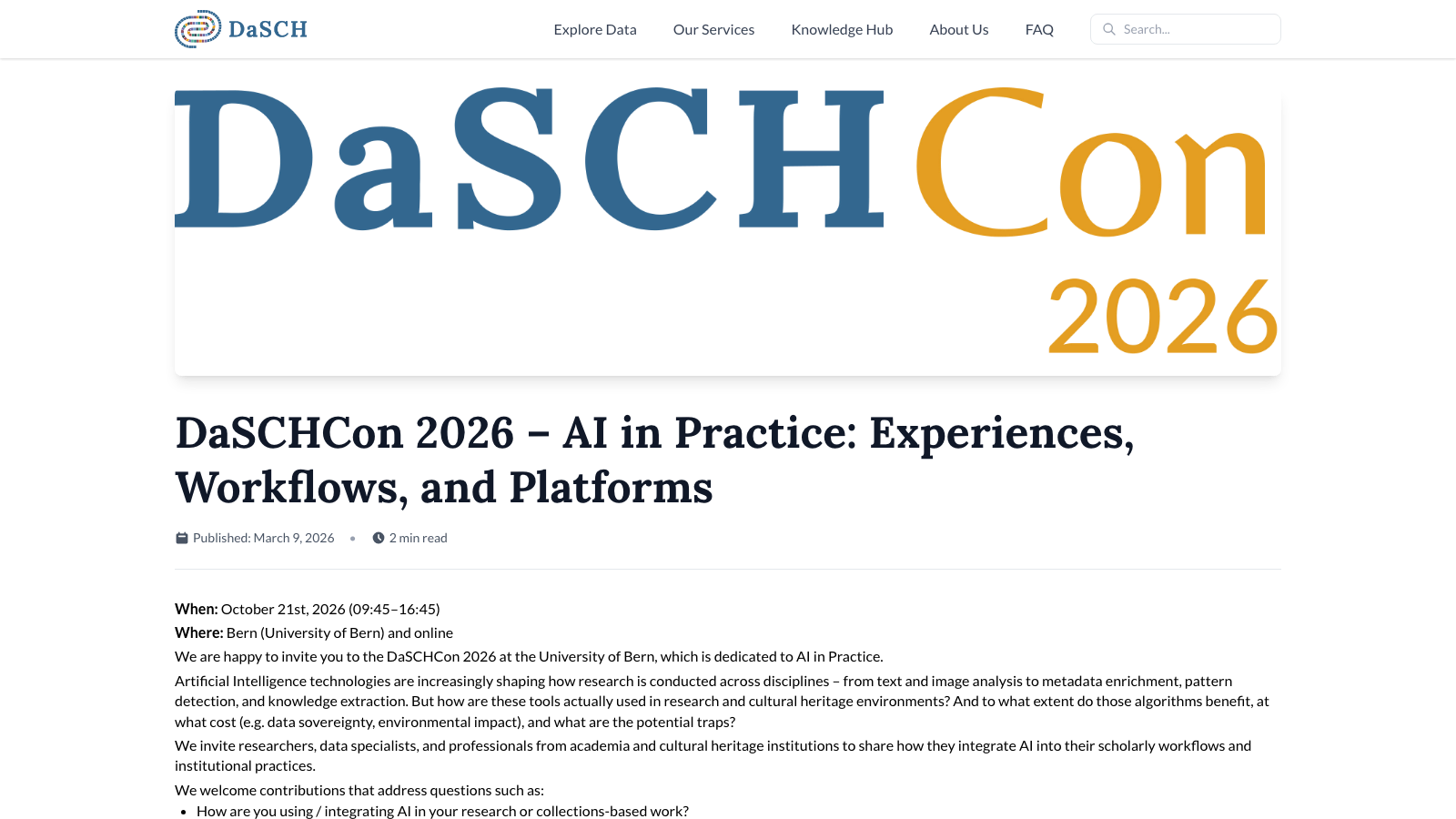 DaSCHCon 2026 event page on the DaSCH website