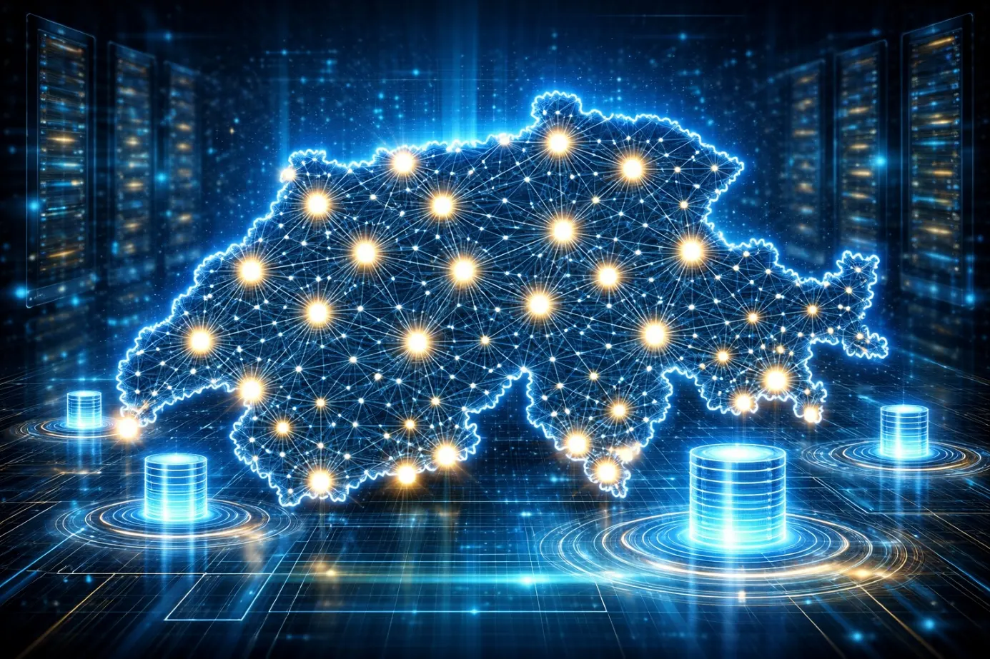 Stylised illustration of Switzerland with linked repository nodes