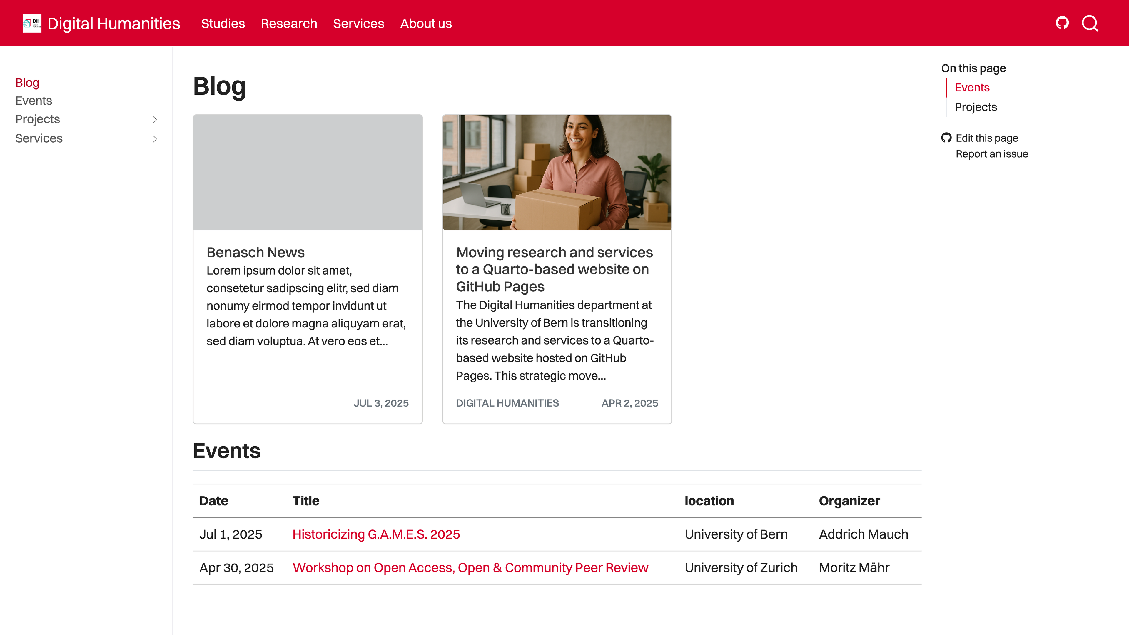 Screenshot of the Digital Humanities department website. The page shows two blog posts: one placeholder post titled 'Benasch News' and one titled 'Moving research and services to a Quarto-based website on GitHub Pages' with a photo of a smiling person holding a cardboard box. Below the blog section, an events table lists two events: 'Historicizing G.A.M.E.S. 2025' at the University of Bern organized by Addrich Mauch, and 'Workshop on Open Access, Open & Community Peer Review' at the University of Zurich organized by Moritz Mähr. Navigation links are on the left, and a short table of contents appears on the right.