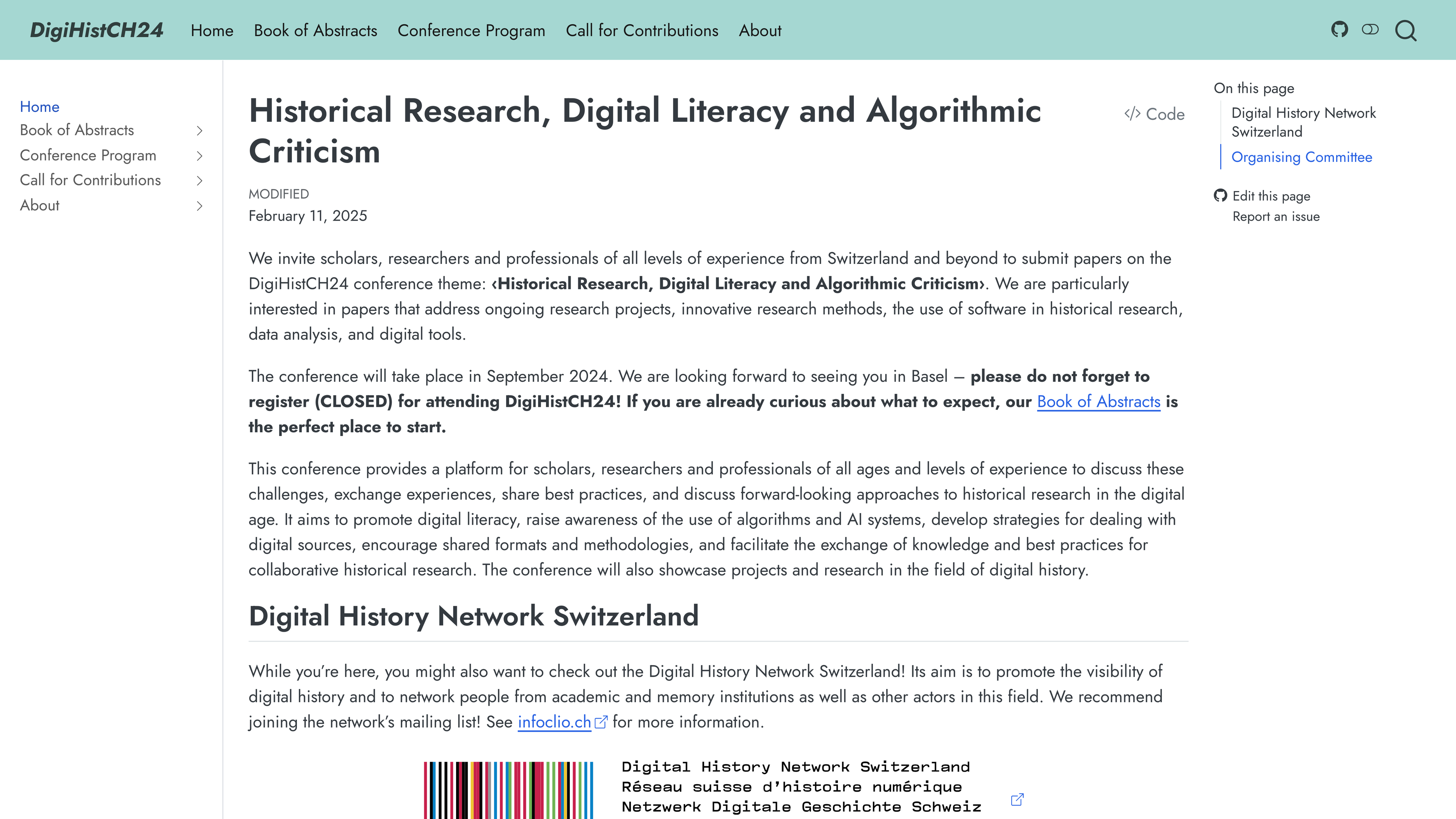 Screenshot of the DigiHistCH24 conference website. The title reads 'Historical Research, Digital Literacy and Algorithmic Criticism.' The page invites scholars to submit papers on topics related to digital literacy, algorithmic criticism, and digital research methods. It mentions the conference will take place in Basel in September 2024 and encourages readers to consult the Book of Abstracts. The lower section introduces the Digital History Network Switzerland and invites visitors to join its mailing list, with a logo and external link to infoclio.ch. Navigation is on the left, and a table of contents is on the right.