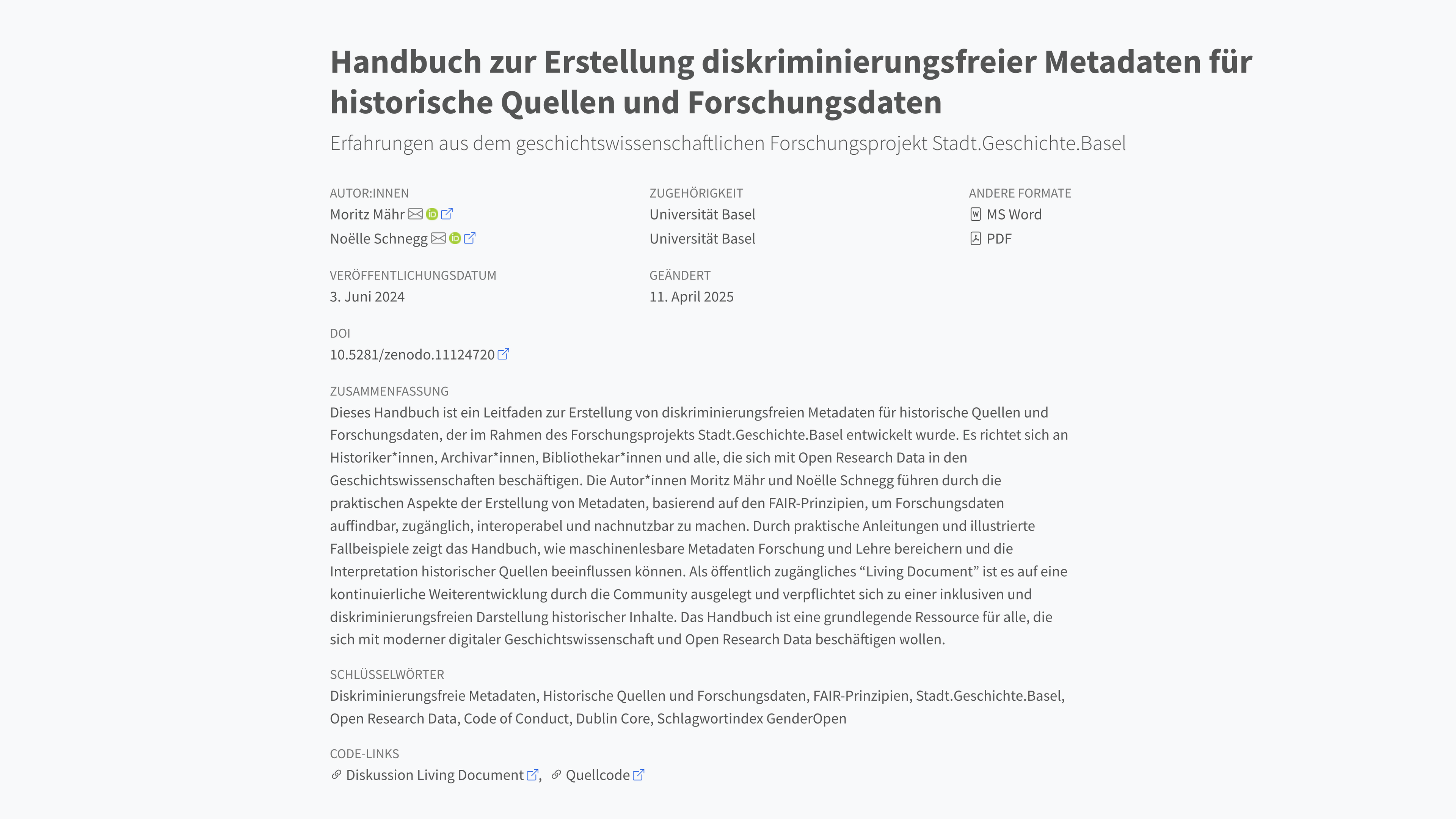 Screenshot of a handbook webpage titled 'Handbuch zur Erstellung diskriminierungsfreier Metadaten für historische Quellen und Forschungsdaten.' The page provides authorship information (Moritz Mähr and Noëlle Schnegg), publication date, DOI link, and summary. The summary explains that the handbook is a guide to creating machine-readable, FAIR-compliant metadata that avoids discrimination and supports open research data in historical scholarship. It offers practical guidance and examples, is published as a living document for continuous community development, and is available in PDF and Word format. Links to a discussion document and source code are listed at the bottom.