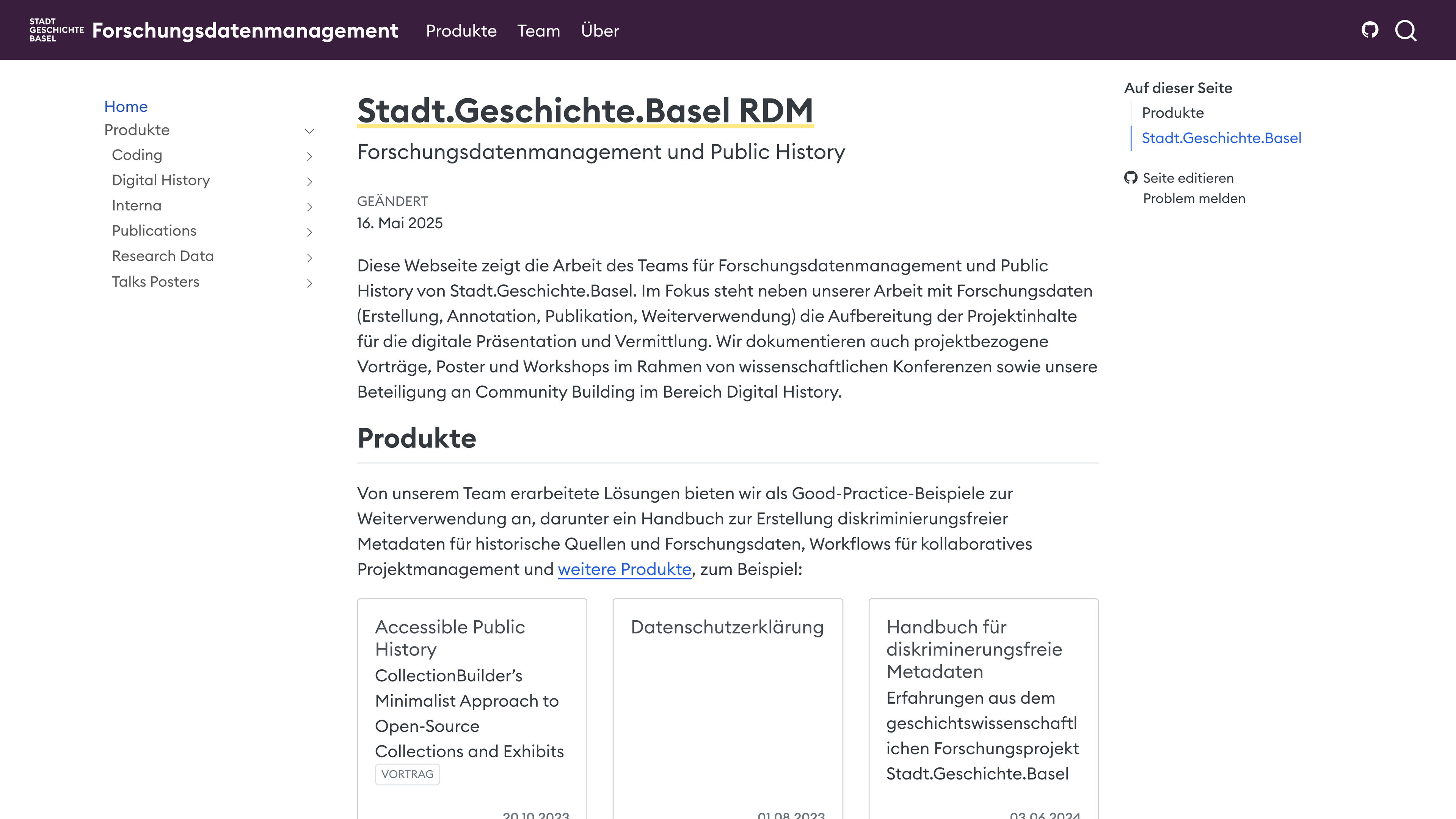 Screenshot of the *Stadt.Geschichte.Basel RDM* website. The main section introduces the project’s focus on research data management, digital presentation, and public history. Below, a “Products” section highlights examples like “Accessible Public History,” a privacy policy, and a handbook for non-discriminatory metadata. A left sidebar lists navigation links for Coding, Digital History, Interna, Publications, Research Data, and Talks Posters.