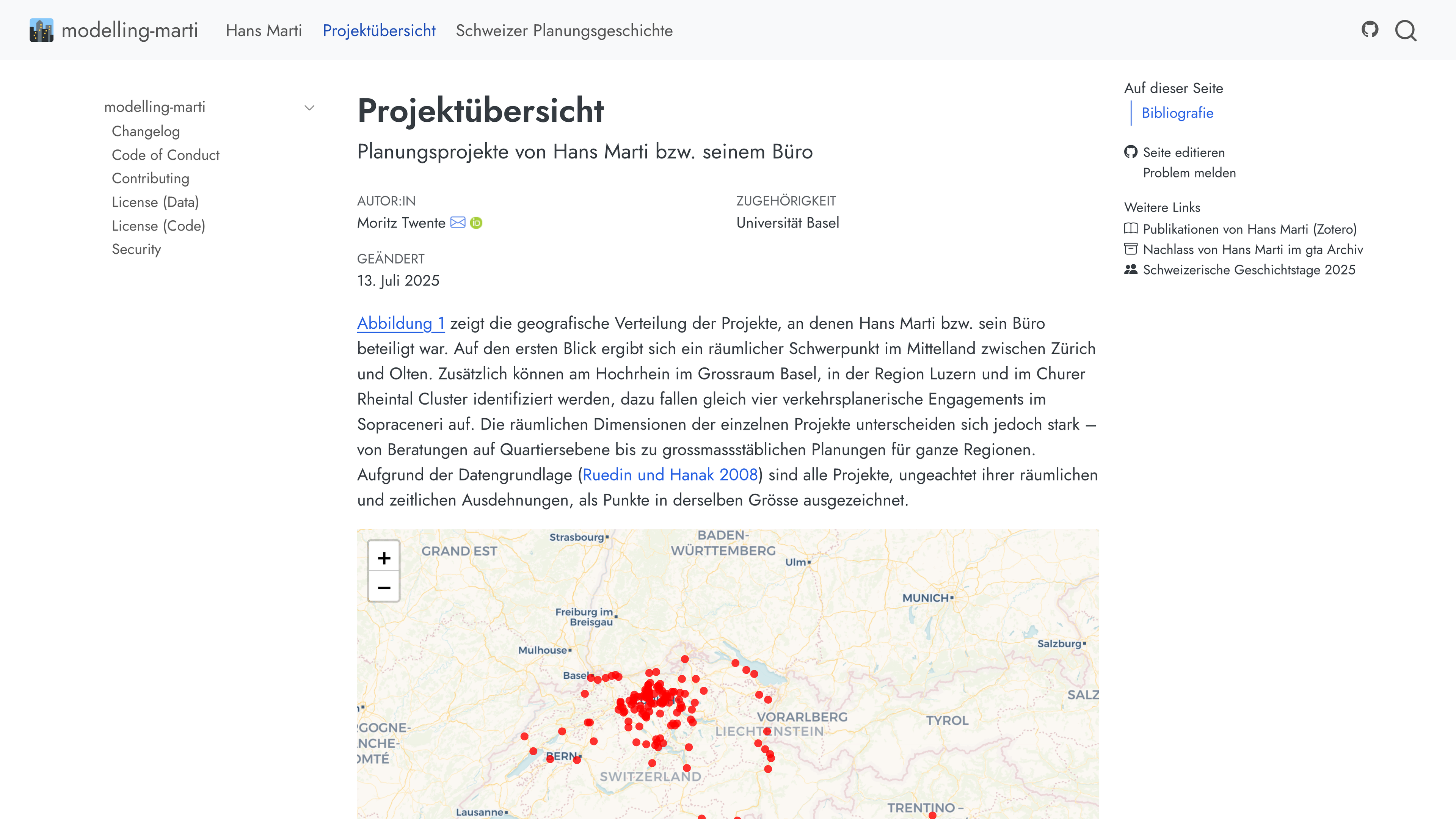 Screenshot of the *modelling-marti* project webpage. The page title reads 'Projektübersicht' and introduces the spatial distribution of projects involving Hans Marti or his office. The text notes a concentration of projects in the Swiss Plateau between Zurich and Olten, with additional clusters near Basel, Lucerne, and the Rhine Valley. Below the text, a map with numerous red points visualizes the project locations across Switzerland and surrounding regions. Navigation is on the left, and a table of contents and external links are on the right.