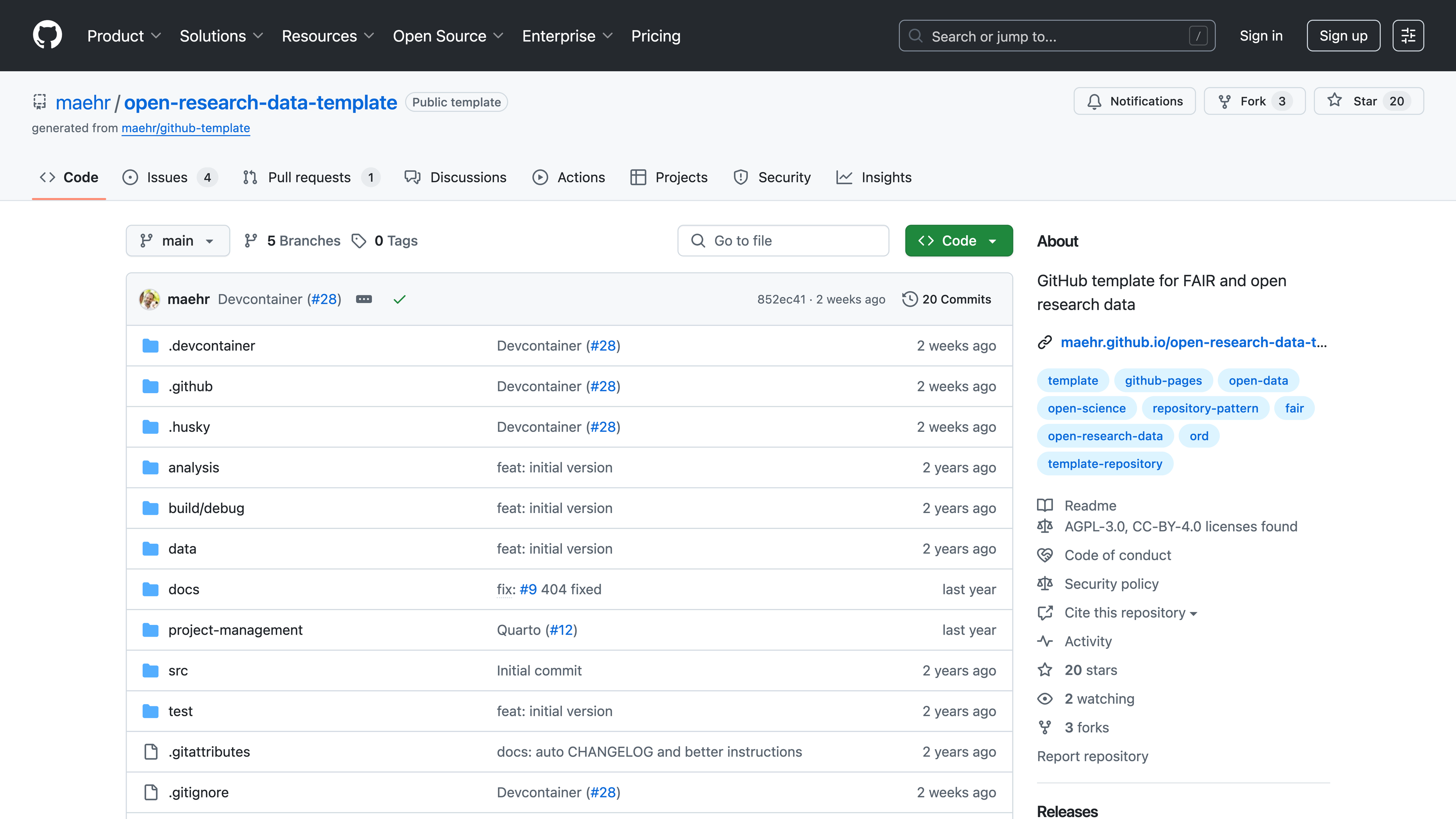 Screenshot of the main GitHub repository page for maehr/open-research-data-template. The file and folder list is visible along with repository tags (open-science, open-data, fair) and metadata like license and star count.