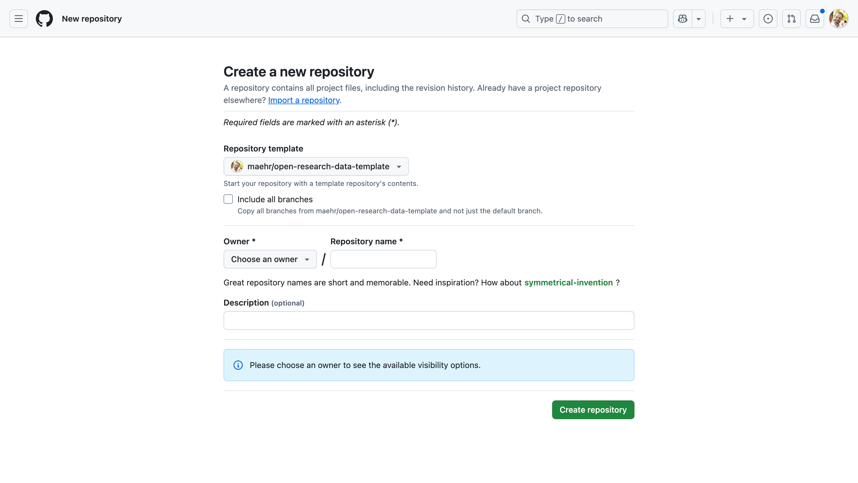 Screenshot of the GitHub 'Create a new repository' page. It shows the selected repository template, checkboxes for including branches, and text fields for owner, repository name, and description with a green 'Create repository' button.