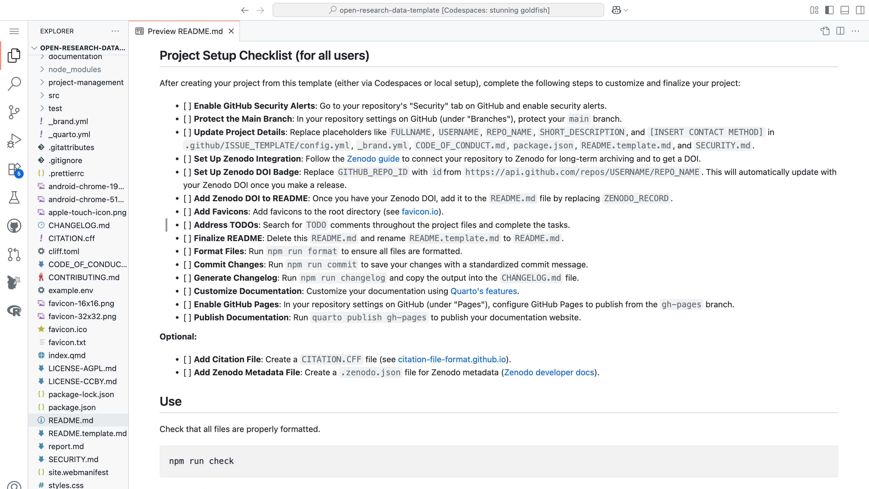 Screenshot of a VS Code Codespace interface with the README.md open in preview mode. The checklist includes tasks such as enabling GitHub security alerts, protecting the main branch, setting up Zenodo integration, and publishing documentation.